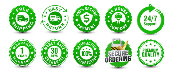 Free shipping, easy return, customer support along with various important green colored badges isolated on white background for e-commerce and online shipping experience. vector design.  
