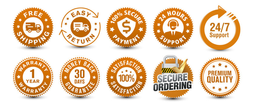 Free shipping, easy return, customer support along with various important golden-colored badges isolated on white background for e-commerce and online shipping experience. vector design.  
