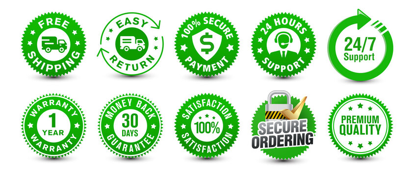 Free shipping, easy return, customer support along with various important green colored badges isolated on white background for e-commerce and online shipping experience. vector design.  
