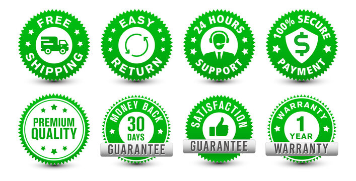 Money back, warranty, 24-hour support, etc. different types of online e-commerce security green badges isolated on white background. 
