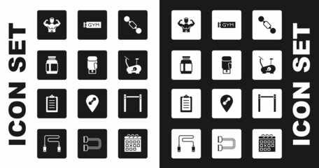 Set Dumbbell, Boxing glove, Sports nutrition, Bodybuilder muscle, Stationary bicycle, Location gym, Horizontal bar and training program icon. Vector