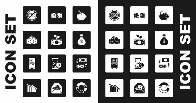 Set Piggy bank with coin, Money plant the pot, Stacks paper money cash, No, bag, Tearing banknote, exchange and ATM icon. Vector