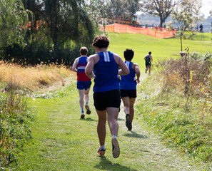 Rear view of boys running in a cross country race on a grass field