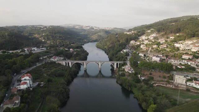Ponte Duarte Pacheco bridge, T&acirc;mega River, Entre-os-rios, Portugal. Aerial pullback