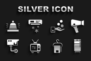 Set Retro tv, Hair dryer, Refrigerator, Towel on hanger, Security camera, Paying tips, Hotel service bell and Air conditioner icon. Vector