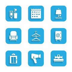 Set Hanger wardrobe, Hair dryer, Bedroom, Safe, Lift, Armchair, Table lamp and Toothbrush and toothpaste icon. Vector