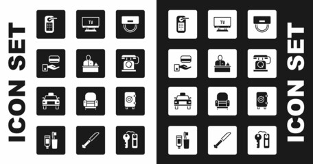 Set Bellboy hat, Hotel reception desk, Digital door lock, Telephone handset, Smart Tv, Safe and Taxi car icon. Vector