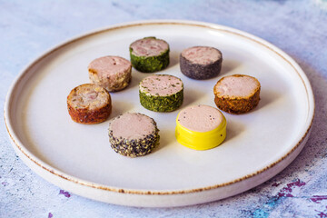 Different type chicken and liver pate in a plate