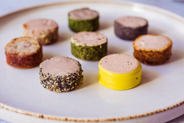 Different type chicken and liver pate in a plate