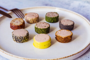 Different type chicken and liver pate in a plate