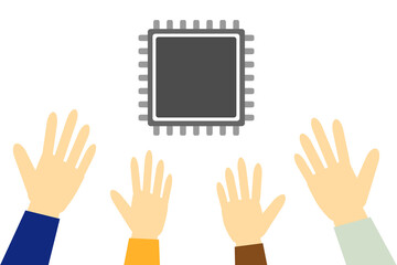 世界的に半導体が不足。 半導体争奪戦。半導体を奪い合う人々の手。