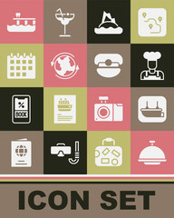 Set Covered with tray, Lifeboat, Cook, Tropical island in ocean, Worldwide, Calendar, Beach pier dock and Captain hat icon. Vector