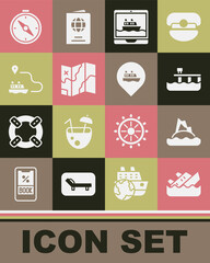 Set Sinking cruise ship, Tropical island ocean, Beach pier dock, Cruise, Folded map, Ship line path, Compass and Location with icon. Vector