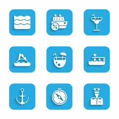 Set Coconut cocktail, Compass, Captain of ship, Beach pier dock, Anchor, Tropical island ocean, Cocktail and Wave icon. Vector