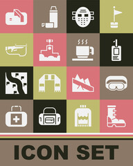 Set Waterproof rubber boot, Ski goggles, Identification badge, Hockey mask, Award winner podium, Biathlon rifle, Ice hockey goal and Hot chocolate cup icon. Vector