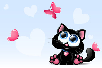 Sweet black cat with butterflies and hearts for Valentine's day