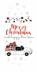 Fototapeta premium Vector drawn template, Christmas, New Year greeting card layout. Painted lettering Merry Christmas and happy New Year, garland, truck with gifts, background with stars and snowflakes.