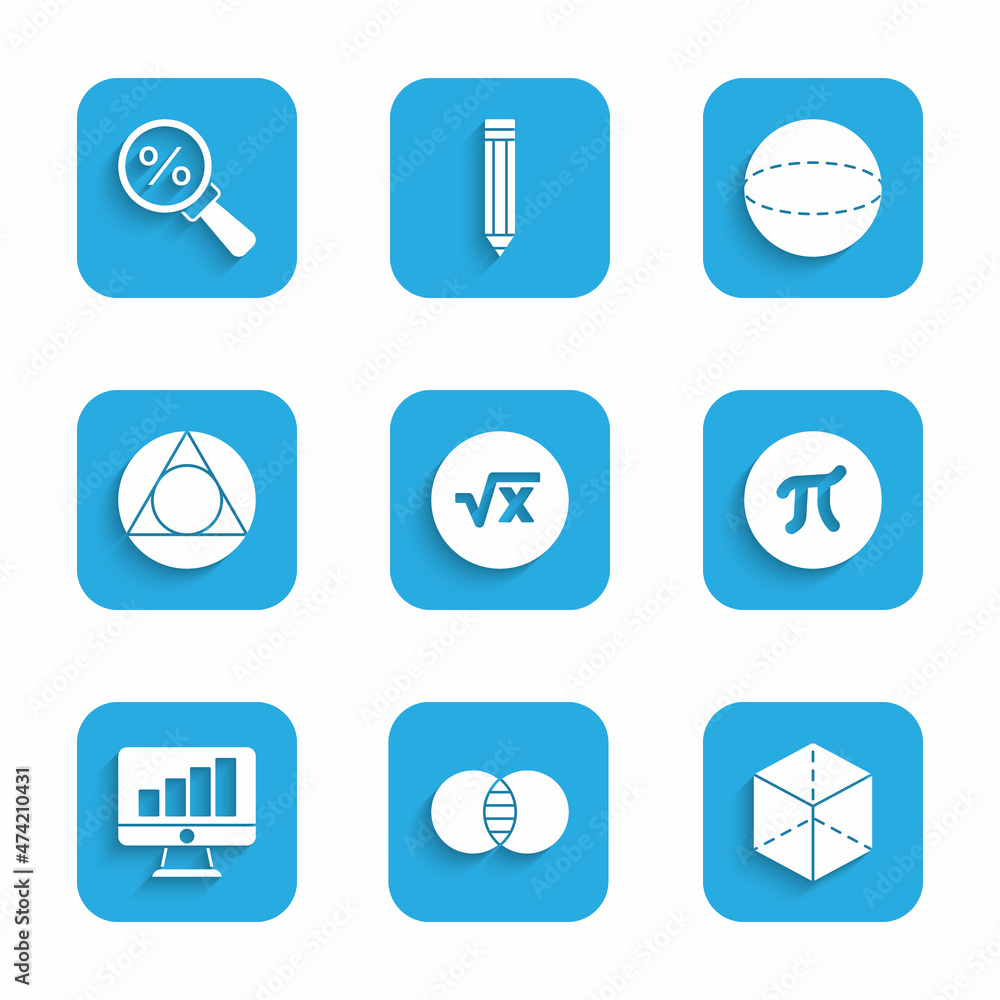 Poster set square root of x glyph, mathematics sets a and b, geometric figure cube, pi symbol, computer mon