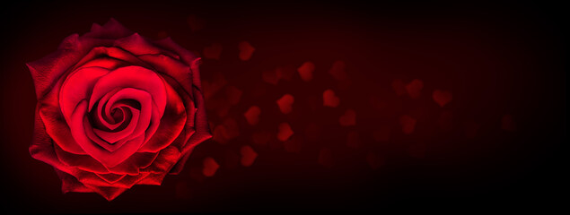 Red Rose flower in heart shape on dark background with heart shaped bokeh light.
