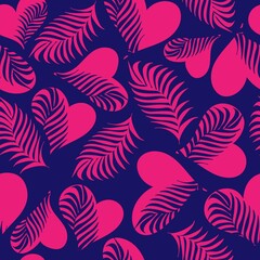  Seamless pattern with hand drawn pink hearts and palm leaves. Design for fashion, fabric, textile, packaging paper, gift paper and a print on a different product. Happy Valentines day.
