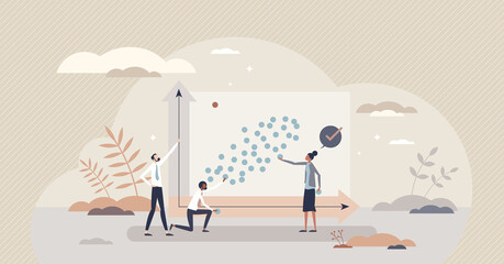Outlier graphic result as different statistics data point tiny person concept. Unique value on axis graph with error or bug in calculation results vector illustration. Information plot bar measurement
