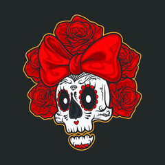 Cartoon muerte skull ribbon and flowers