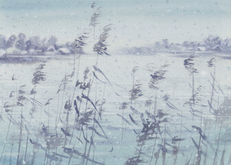 The first snow by the lake watercolor background