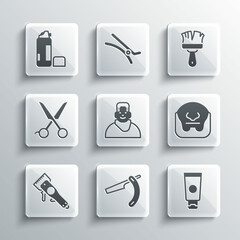 Set Straight razor, Cream cosmetic tube, Mustache and beard, Client in barbershop, Electrical hair clipper, Scissors hairdresser, Shaving gel foam and brush icon. Vector