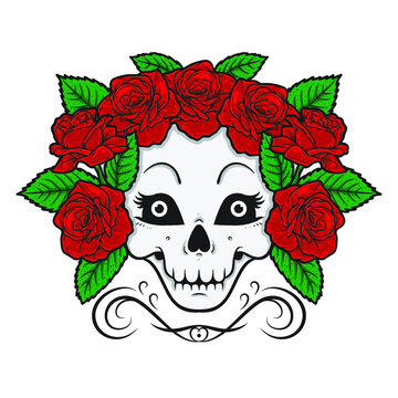 Cartoon skull with flowers