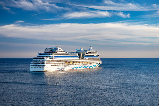 Lanzarote, Spain - February 06, 2020: AIDAstella cruise ship leaving port in Arrecife, Canary Island.
