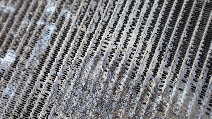 Close up evaporator Dirty cars. Old evaporator. Nasty with mucus and dust clumping on air fins. selective focus