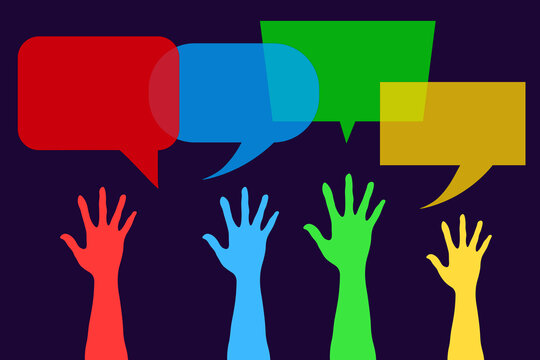 Colorful hands and speech bubbles. group of raising hand with talk bubble. opinion and Business communication concept  