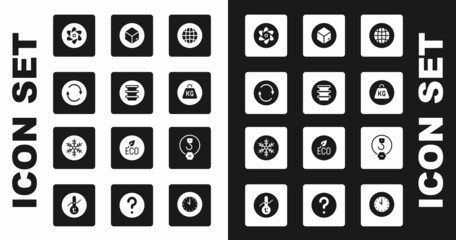 Set Social network, Bowl, Recycle symbol, Test tube and flask, Weight, Carton cardboard box, Industrial hook and Snowflake icon. Vector