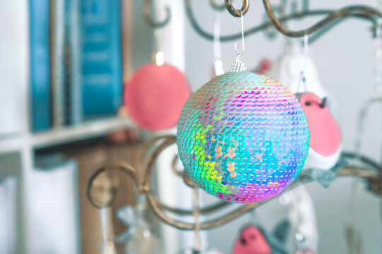 Disco Ball Christmas Bauble In Metal Tree At Home