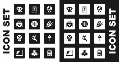 Set Planet earth and radiation, Atom, Radiation nuclear suitcase, Gas mask, electrical plug, warning document, High voltage sign and Radioactive icon. Vector