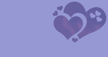 Decorative hearts of different shapes on a solid background toned in the trendy color of the year 2022 very peri, selective focus, copy space for text