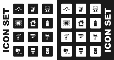 Set Gas mask, Painting the house, spray gun, can, bucket, roller brush and icon. Vector