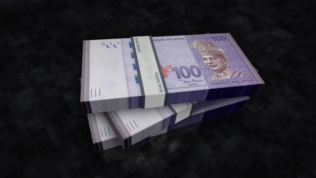Malaysia Ringgit money pile pack. Concept background of economy, banking, business, crisis, recession, debt and finance. 100 MYR banknotes stacks 3d animation.