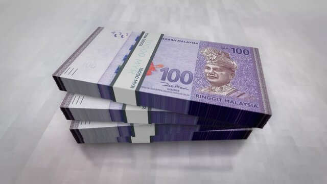 Malaysia Ringgit money pile pack. Concept background of economy, banking, business, crisis, recession, debt and finance. 100 MYR banknotes stacks 3d animation.