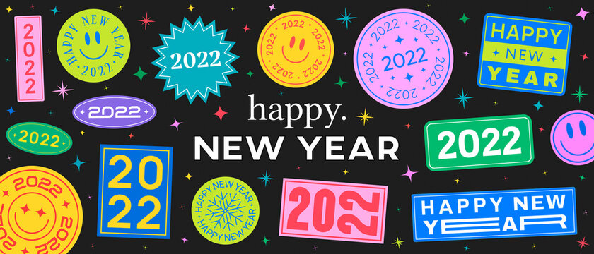 Cool Trendy Abstract Happy New Year Illustration. 2022 Year Stickers.