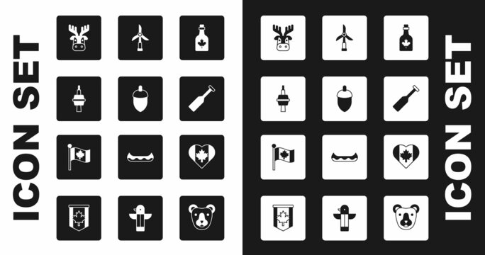Set Bottle of maple syrup, Acorn, TV CN Tower in Toronto, Deer head with antlers, Paddle, Wind turbine, Heart shaped Canada flag and Flag icon. Vector