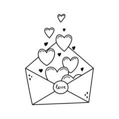 Vector illustration of a love letter. An envelope with a Valentine's Day decoration. Outline
