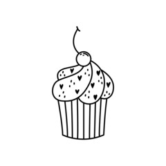 Vector illustration of muffins with cream with decoration for Valentine's day. Outline