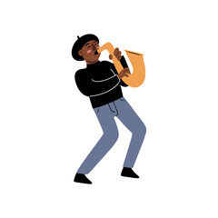 Hand drawn cool musician in felt beret expressively playing on saxophone, cartoon doodle style isolated vector illustration