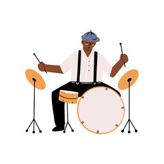 Hand drawn cheerful musician playing on drums and cymbals in cartoon doodle style, isolated vector illustration
