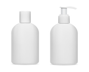 White shampoo bottle. Cosmetic product dispenser bottle. Opaque plastic body cream container mockup. Liquid soap bottle designfor brand, round package