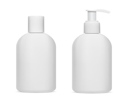 White shampoo bottle. Cosmetic product dispenser bottle. Opaque plastic body cream container mockup. Liquid soap bottle designfor brand, round package