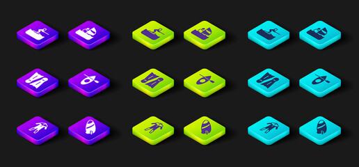 Set Wetsuit for scuba diving, Surfboard, Flippers swimming, Kayak and paddle, Windsurfing and Water skiing man icon. Vector