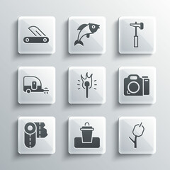 Set Trash can, Marshmallow on stick, Photo camera, Torch flame, Paper towel roll, Rv Camping trailer, Swiss army knife and Hammer icon. Vector