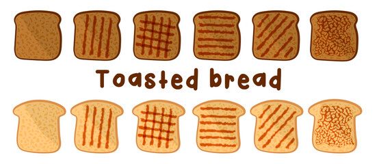 Set of slices toast bread. Bakery product in cartoon style.  Vector illustration isolated on a white background. 